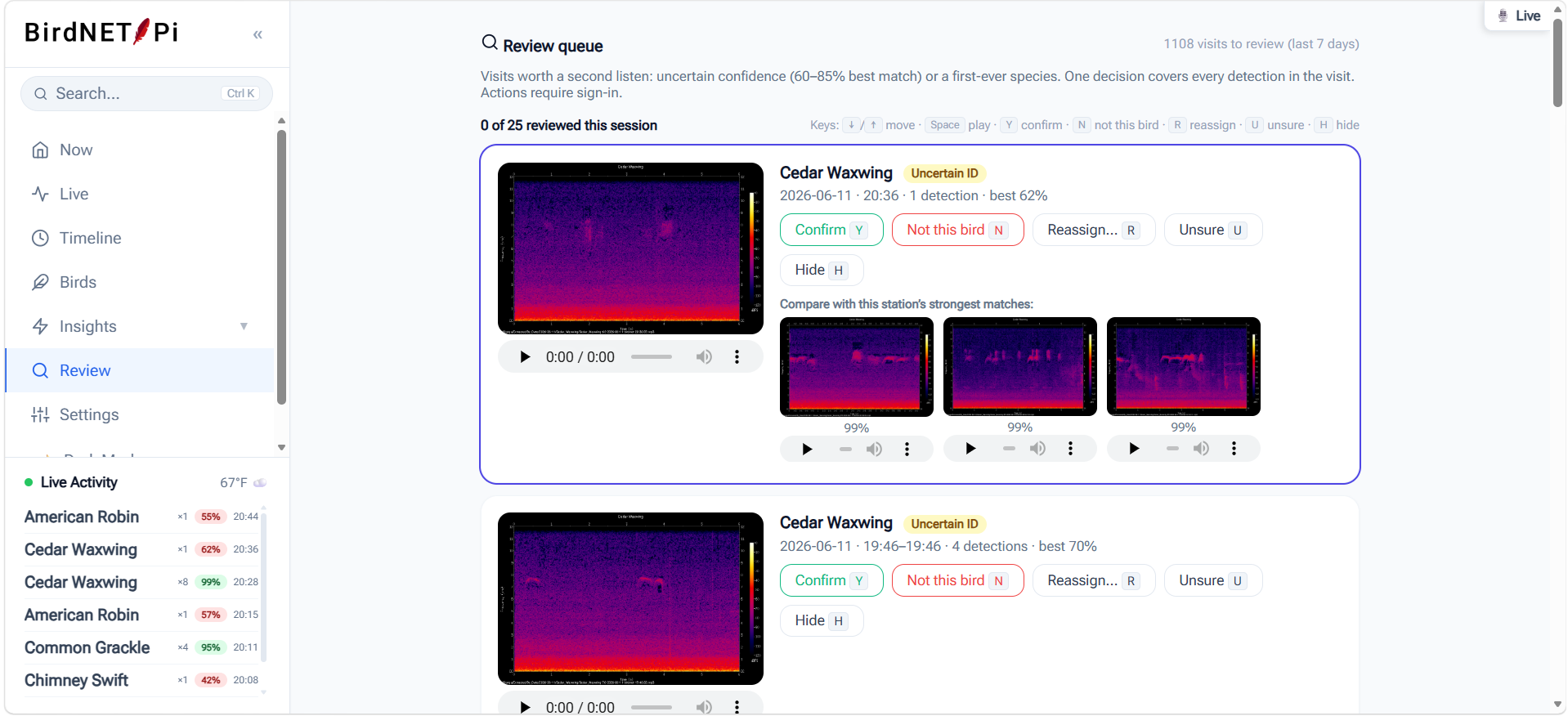 BirdNET-Pi Enhanced review queue showing an uncertain detection alongside comparison recordings of the same species