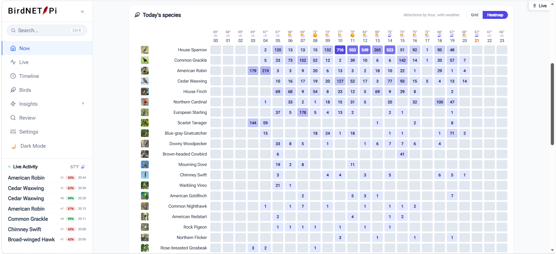 BirdNET-Pi Enhanced today's species heatmap: a species by 24-hour grid with detection counts, bird thumbnails, and hourly temperature and weather along the top