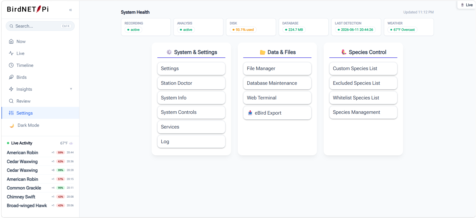 BirdNET-Pi Enhanced station doctor page showing system health checks with status indicators and one-click fixes